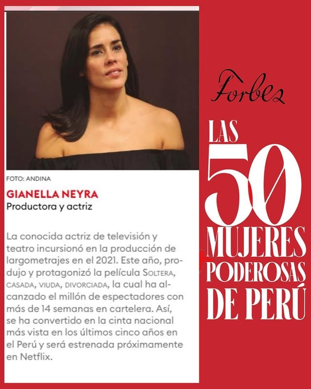 Este año @forbes_peru me ha considerado en la lista de las cincuenta mujeres más poderosas del país 💖💖. ¡Qué sorpresa más bonita, un honor!Que orgullo y que cierre maravilloso de este arduo trabajo que solo nos da felicidad tras felicidad @scvdlapelicula 🎥. Además que importante generar estos espacios donde nos reconozcamos, nos celebremos y generemos lazos y caminos para seguir logrando cosas maravillosas juntas 💖¡Me siento honrada, súper feliz de hacer lo que amo y recibir noticias tan lindas como esta! by @gianellaneyra_