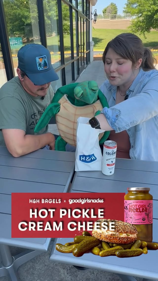 Hot Pickle Cream Cheese from @goodgirlsnacks is now our new favorite thing on a bagel 🤤 Available at @hhbagels for a limited time until the end of May! #food #comedy #reaction #ventriloquist by @meghanmcasey