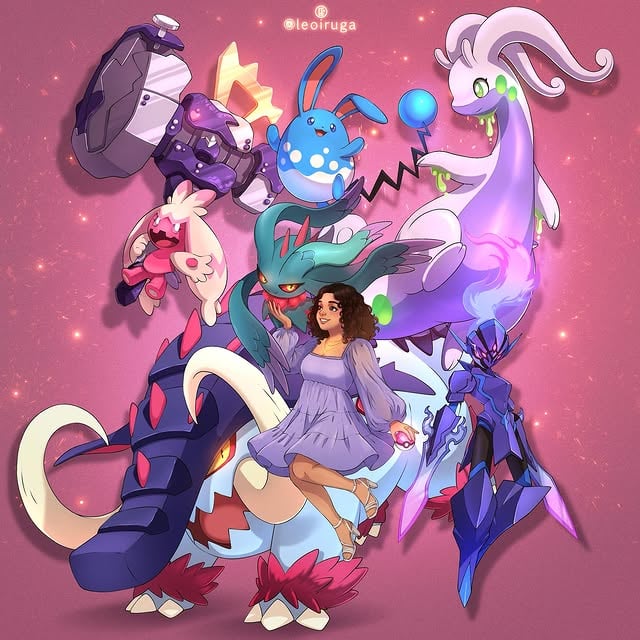 New PokeTeam✨(Swipe to see more details and painting process)Commission done for the trainer @elizzy.25 A special gift for @kianamitchell_ Hope you like it 😊💖✨...#pokemon #art #ceruledge #tinkaton #goodra by @leoiruga