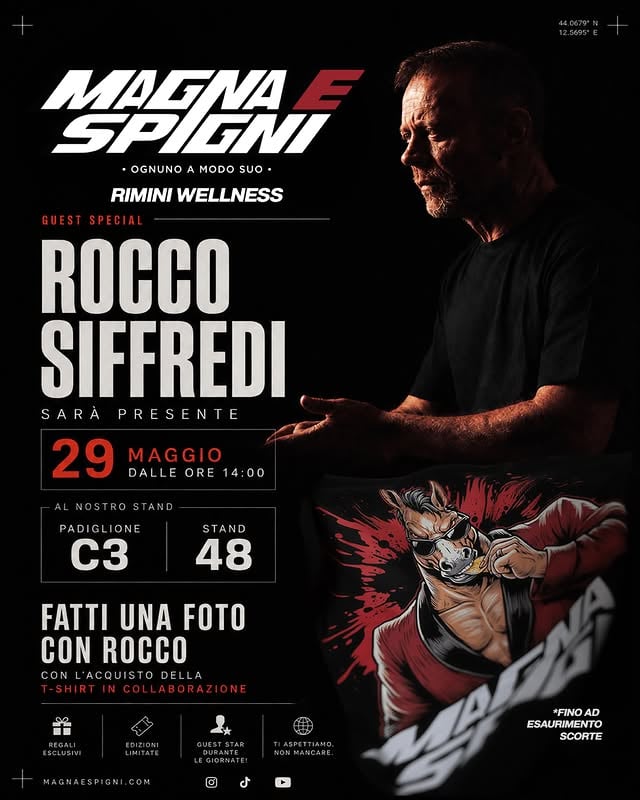 Dopo l’annuncio di ieri, possiamo finalmente dirlo ufficialmente:Rocco Siffredi sarà presente al nostro stand a Rimini Wellness 2026 il 29 maggio dalle ore 14:00.📍 Padiglione C3 - Stand 48Per l’occasione sarà disponibile una t-shirt limited edition in collaborazione e, con l’acquisto, sarà possibile fare una foto insieme a Rocco direttamente al nostro stand.Abbiamo lavorato per creare qualcosa di speciale per questa edizione di Rimini Wellness, con nuove uscite, ospiti e tante sorprese firmate Magna e Spigni®￼.Ci vediamo a Rimini. 😈