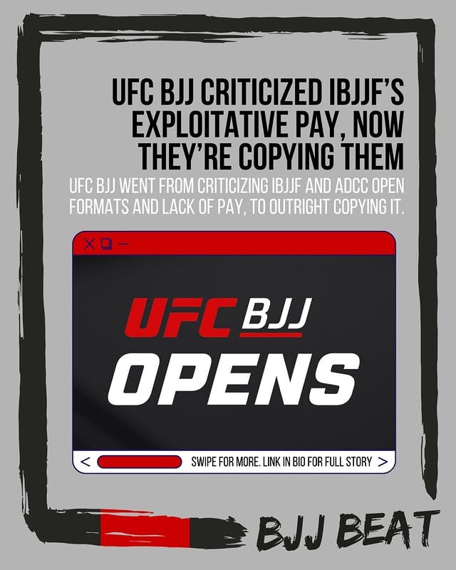 UFC BJJ did a complete 180 on their past statements, going from criticizing IBJJF’s lack of pay, to outright copying them. Seems like TKO saw an exploitative structure and wanted their slice of the pie.Full story is over at @mmamania .com, with the link in our bio. #bjj #bjjnews #jiujitsu #jiujitsunews #ufcbjj