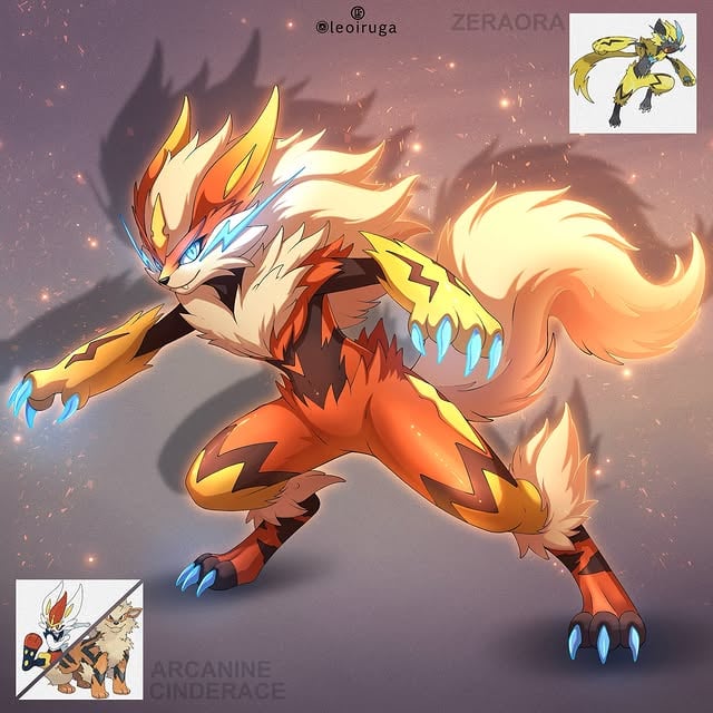 ✨New Pokémon Fusion✨Zeraora, Arcanine and Cinderace(Swipe to see more details, Shiny form and painting process)Commission done for the trainer @miss_delicious_22 Hope you like it 😊🧡...#pokemon #art #arcanine #cinderace #zeraora by @leoiruga