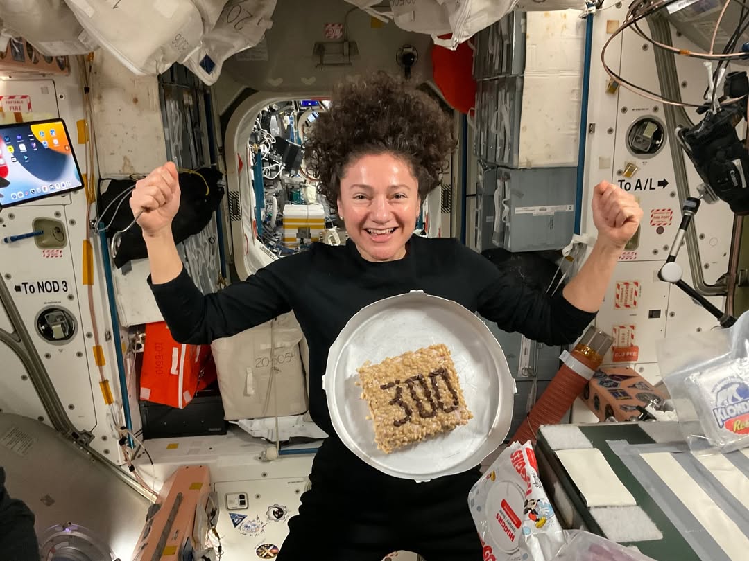 Behold the “space cake.” Making cakes on the @iss with our rather limited “baking” supplies is an art, requiring creativity and resourcefulness. I loved making cakes for my crewmates on my first mission and considered myself adept, but our cosmonaut colleagues on Expedition 74 have certainly taken it to the next level. Here’s an example of their recent work, in celebration of 100 days in space for @astro_hathaway and @soph_astro, and my 300th day. It tasted even better than it looked!