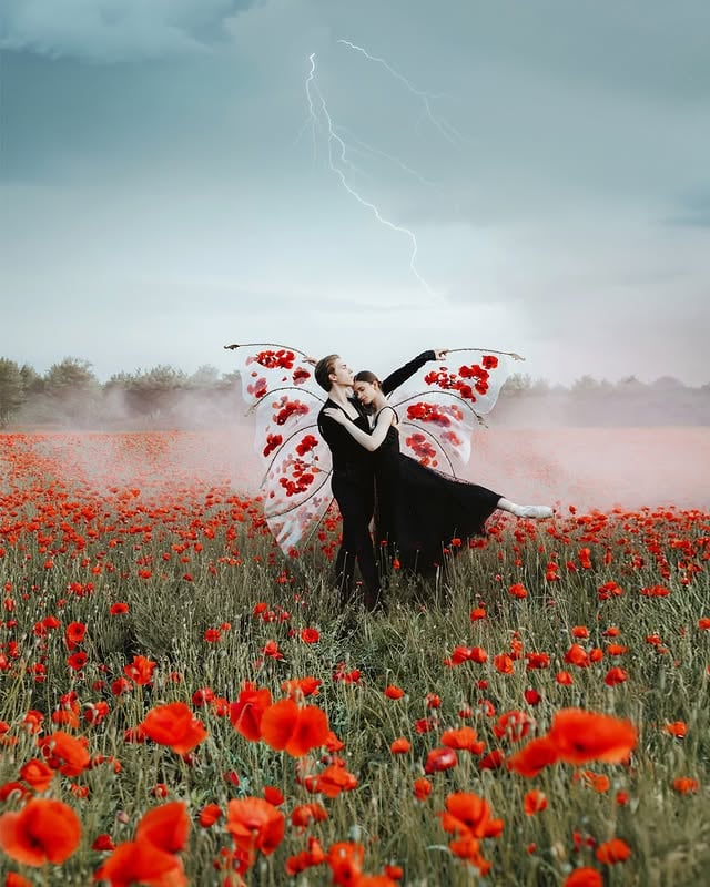🧚🏼‍♀️What if we protect our love from the voices of people who never even stepped through our door, yet still speak about it?What if all we truly want is to live — because living also means fighting for what matters.💃🏻 We chose to dance among flowers and under the rain. Sometimes beauty and pain exist together, close enough to touch, yet never destroying one another.After every thunderstorm, the fields bloom even brighter because they needed the rain to grow.Maybe love is the same. 🫂Maybe we need both the storms and the softness to become stronger.And that is why we will fight for it and wear our wings of love. 🦋Photography @jovanarikalo Models @katarina_zec @art_makarow_ Dress @lacemadeofficial use code jovanarikalo for a discount Wings @noakuf #creativephotography #artphotoshoot #poppyfield #canoncreator by @jovanarikalo
