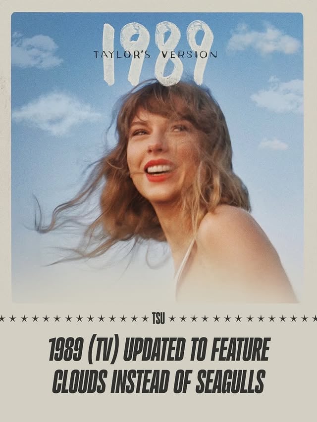 The 1989 (Taylor’s Version) album cover has been updated to feature 5 clouds instead of seagulls on streaming platforms 👀 by @taylorswift.updates13