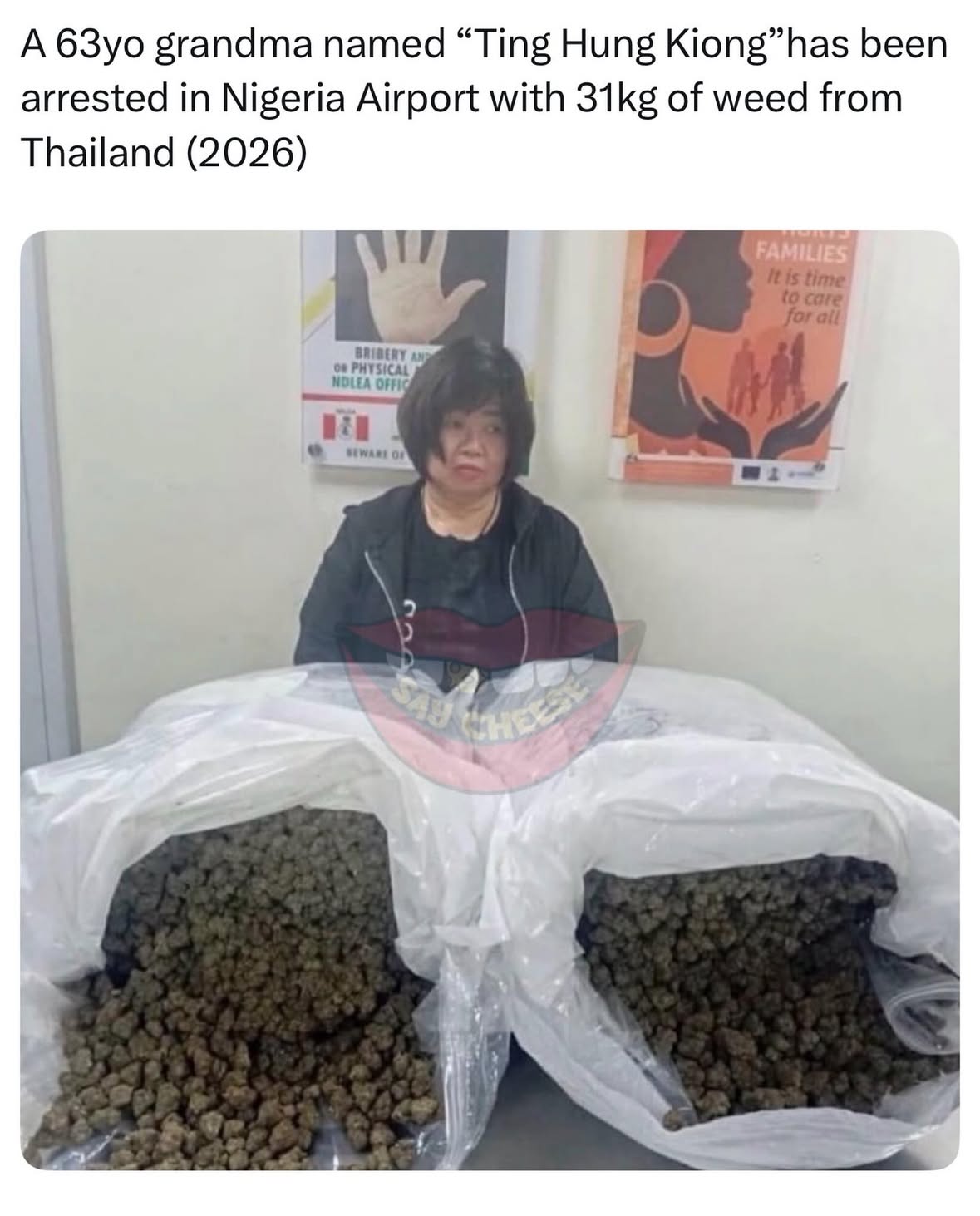 63-Year-Old Chinese Grandma Arrested at Lagos Airport With 31kg of ‘Canadian Lo¥d’ Hidden in Large Travel BoxesOperatives of the National Drug Law Enforcement Agency have arrested a 63-year-old Chinese grandmother, Ting Hung Kiong, for allegedly attempting to smuggle a large consignment of “Canadian Lo¥d,” a synthetic strain of cann@bis, into Nigeria.The suspect, a Chinese national said to have become naturalised in Malaysia, was arrested on Sunday, May 17, 2026, after arriving in Nigeria from Thailand via Dubai aboard an Emirates Airline flight.She was intercepted by NDLEA operatives at the Terminal 2 Arrival Hall of the Murtala Muhammed International Airport in Ikeja, Lagos. by @saycheesedigital