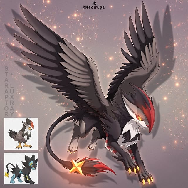 ✨New Pokémon Fusion✨Luxray and Staraptor (Swipe to see more details, Shiny form and painting process)Commission done for the trainer @miss_delicious_22 Hope you like it 😊🧡...#pokemon #art #luxray #staraptor #pokefusion by @leoiruga