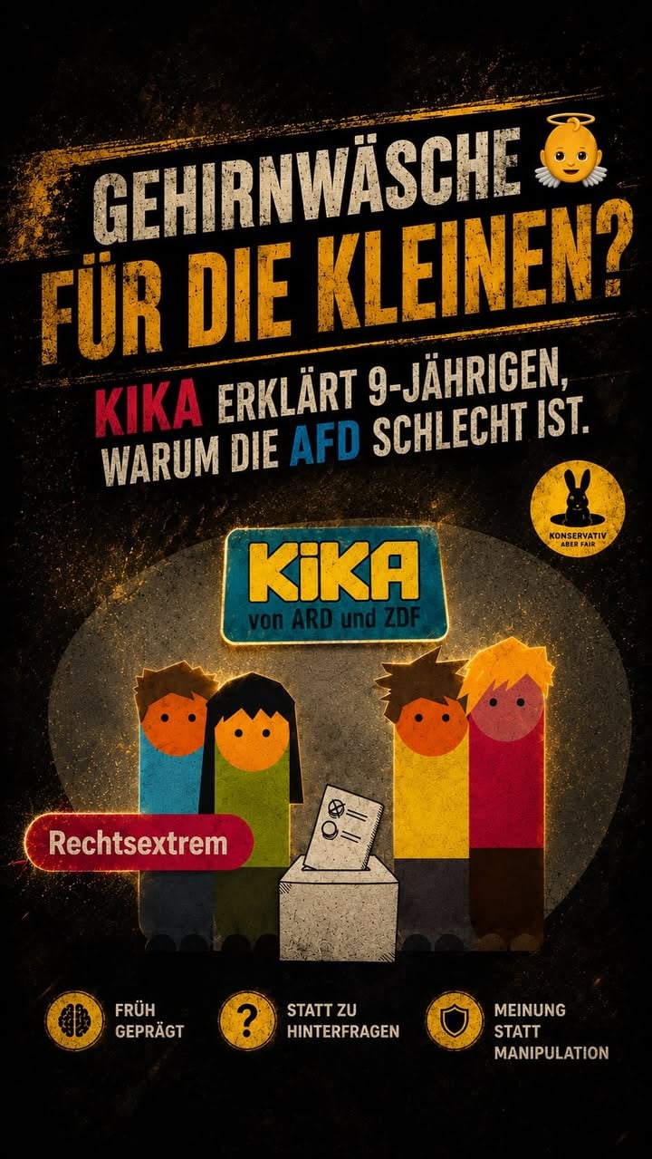 Kinder sollen lernen, selbst zu denken.

Doch was passiert, wenn öffentlich finanzierte Medien bereits Grundschülern erklären, welche Partei gut und welche schlecht ist?

Für mich hat politische Bildung nichts mit politischer Beeinflussung zu tun. Kinder sollten unterschiedliche Sichtweisen kennenlernen und sich später ihre eigene Meinung bilden können.

Wenn linke Medien beginnen, politische Bewertungen als Fakten zu präsentieren, wird aus Bildung schnell Meinungsmache.

Was denkst Du?
Ist das noch politische Aufklärung oder linke politische Propaganda?

👇 Schreib Deine Meinung in die Kommentare.

#KiKA #AfD #Politik #Meinungsfreiheit #Propaganda ÖRR Deutschland Kinder Bildung Demokratie Medienkritik gesichertpatriotisch