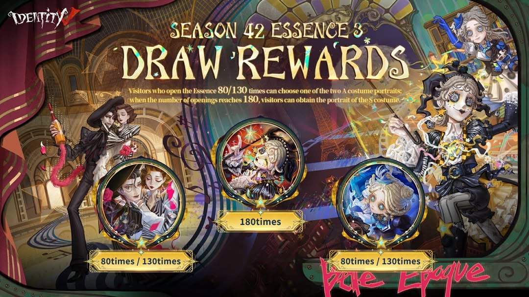 Dear Visitors,S42 Essence 3 portrait rewards revealed! Reach 80, 130, and 180 pulls for bonus portraits.#IdentityV by @identityv