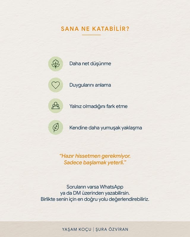 Hazır hissetmiyor olabilirsin.Nereden başlayacağını da bilmiyor olabilirsin.Bu çok anlaşılır.Ama bazen küçücük bir adım bile, insanın kendine yeniden yaklaşmasını sağlar.Eğer son zamanlarda kendini sıkışmış, yorgun ya da yönünü kaybetmiş hissediyorsan; bu süreç sana biraz nefes alanı açabilir 🤍📩 Soruların varsa DM üzerinden bana ulaşabilirsin. by @suraozvirann