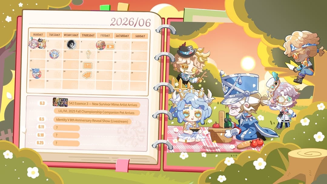 Dear Visitors,June calendar is here!On the 5th, don't miss the Identity V 8th Anniversary Reveal Show — big news will be revealed during the livestream!#IdentityV by @identityv
