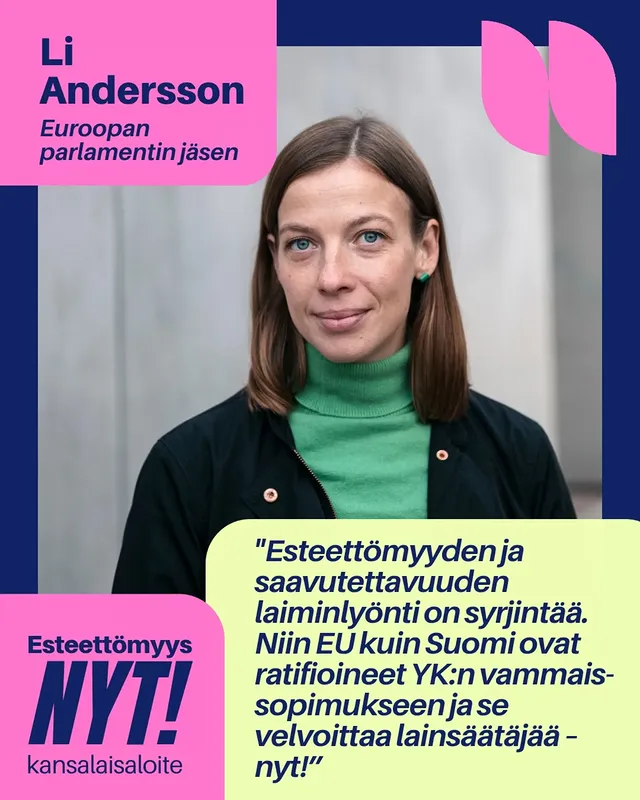 "Esteettömyyden ja saavutettavuuden laiminlyönti on syrjintää. Niin EU kuin Suomi ovat ratifioineet YK:n vammaissopimukseen ja se velvoittaa lainsäätäjää – nyt!"– Li Anderson@lindrssnLämmin kiitos tuesta Li! 🦾💓Mikä on Esteettömyys NYT?Ehdotamme Esteettömyys NYT! -kansalaisaloitteessa yhdenvertaisuuslakia ja rikoslakia muutettavaksi siten, että esteettömyyden tai saavutettavuuden laiminlyönti kirjataan niihin itsenäiseksi syrjinnän muodoksi. Tavoittelemme, että esteettömyyden tai saavutettavuuden laiminlyönti tulee tehokkaasti ja selkeästi sanktioduksi. Näin riippumatta siitä, millaisessa ympäristössä se tapahtuu ja millaisiin toimintarajoitteisiin se liittyy. 👩🏾‍🦼‍➡️Tue ihmisoikeuksia Suomessa ja allekirjoita Esteettömyys NYT! -kansalaisaloite: bit.ly/esteettomyysnyt tai linkkaa @esteettomyysnyt bion linkkiä. 👉🏽 by @lindrssn