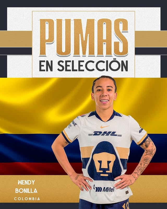 Wendy Bonilla estará presente con la @fcfseleccioncol 🇨🇴 para disputar las Jornadas 8 y 9 de la CONMEBOL Liga de Naciones Femenina ante las selecciones de Uruguay 🇺🇾 y Paraguay 🇵🇾🏆. 🐾 ¡A demostrar tu garra, @wendybonilla18! 👊#UnidosPorLaHistoria by @pumasmxfemenil