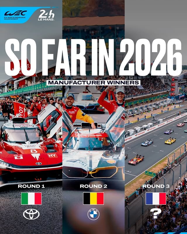 Two races, two milestone victories… and now the biggest stage awaits! 🏆 The opening rounds of the season delivered huge moments, with @toyotaracing.wec securing its 50th WEC Hypercar win and @bmwmmotorsport claiming its first-ever WEC Hypercar victory.After unforgettable weekends at Imola and Spa, who do you think will conquer the 24 Hours of Le Mans? #WEC #LeMans24 by @fiawec_official