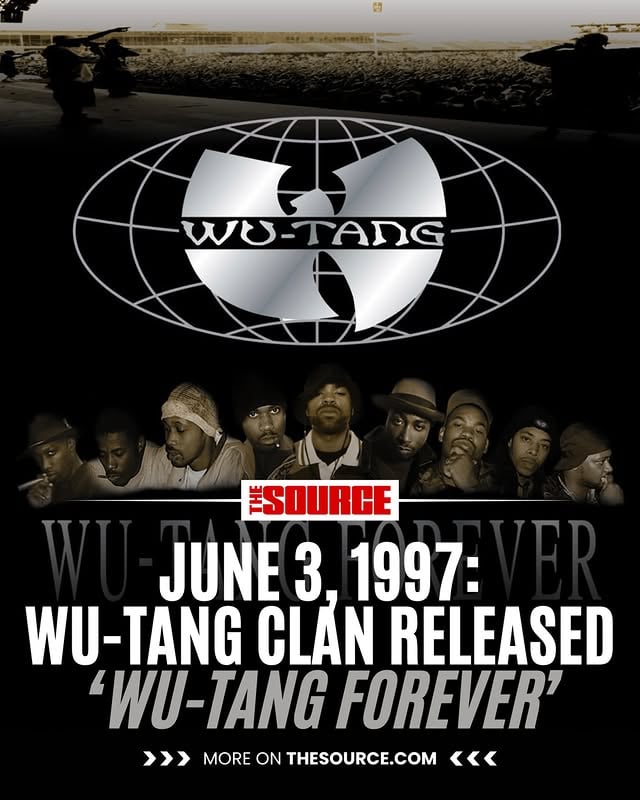 June 3, 1997—Wu-Tang Clan released their landmark double album, ‘Wu-Tang Forever,’ one of the most anticipated Hip-Hop releases of the decade.Arriving four years after their groundbreaking debut ‘Enter the Wu-Tang (36 Chambers),’ the album reunited the Clan at the height of their individual success and showcased the lyrical talents of members including RZA, Method Man, Ghostface Killah, Raekwon, and the rest of the legendary collective.The project featured classic tracks such as “Triumph,” “Reunited,” “It’s Yourz,” and “For Heaven’s Sake,” blending intricate lyricism, gritty production, and the signature chemistry that made Wu-Tang one of Hip-Hop‘s most influential groups.Debuting at No. 1 on the Billboard 200 and earning multiple Grammy nominations, ‘Wu-Tang Forever’ cemented the Clan’s status as rap royalty. 🛑#WuTangClan #WuTangForever #OnThisDay #WuTang #90sHipHop by @thesource