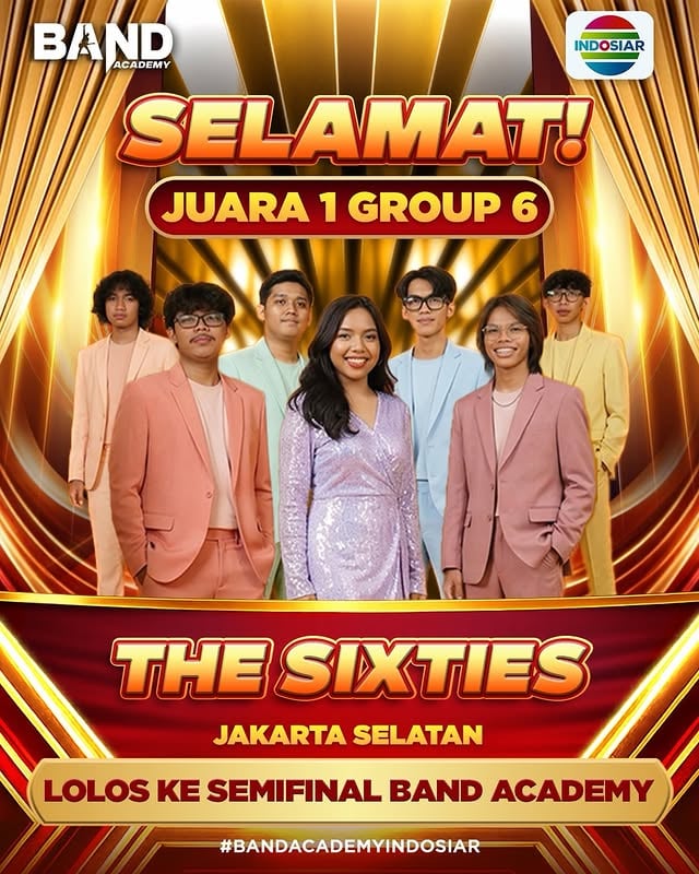 Please welcome juara 1 Group 6 @thesixtiesband🔥Bestie, yuk tulis ucapanmu di kolom komentar untuk @thesixtiesband ✨..#BandAcademyIndosiar #Indosiar