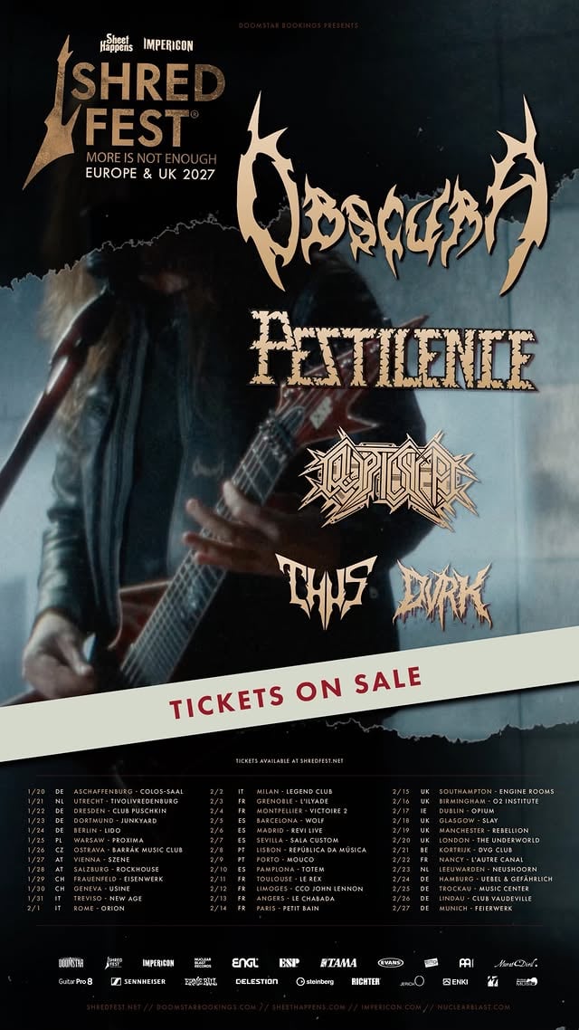 SHRED FEST! 🪐 @ImpericonUK bring you @RealmOfObscura, @PestilenceOfficial, @CrypticShift.UFO, @ThusBandOfficial and @WeAreDVRK, live at @TheUnderworldCamden, Saturday 20 February 2027.🎟️ theunderworldcamden.co.uk via @DiceFM🎶 Spotify playlist link in our bio.“2027 marks the 25th anniversary of OBSCURA, and we are kicking off the year with the longest European & UK run we have ever undertaken. 39 shows with no days off — a true statement. Remember: it’s not a tour if there’s a day off.SHRED FEST 2027 brings together some of the finest representatives of European extreme metal, featuring bands from France, Denmark, the United Kingdom, the Netherlands, and Germany. Joined by the legendary Dutch Pestilence, the UK’s avant-garde force Cryptic Shift, Denmark’s progressive/melodic death metal act Thus, and France’s relentless DVRK, we will perform across the continent for weeks, culminating in a hometown show in Munich, Germany.Spread the word, bring your friends, and support all bands from start to finish — see you all in 2027.” - Steffen KummererIntroduction SHRED FEST:SHRED FEST is an annual touring festival concept that sets its sights on a different continent each year — uniting some of the most ferocious and technically accomplished bands in extreme metal. In 2027, following previous editions across North America and Australia, SHRED FEST arrives in Europe and the United Kingdom for its most ambitious chapter to date.From January 20th to February 27th, 2027, SHRED FEST will traverse the continent with 39 shows and no days off — a relentless run that stands as a statement of endurance, precision, and uncompromising musicianship. Leading the charge are Obscura, joined by the legendary Pestilence, the UK’s boundary-pushing Cryptic Shift, Denmark’s progressive force Thus, and France’s relentless DVRK.#theunderworld #camdentown #london #livemusic #obscura by @realmofobscura