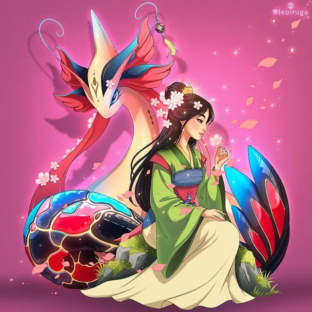 ✨Mulan and Fairy Milotic✨(Swipe to see more details and painting process)@atouchofmagicdesigns ✨🩷🌙🖤✨Hope you like it!☺️...#pokemon #milotic #mulan #disney #fairy by @leoiruga