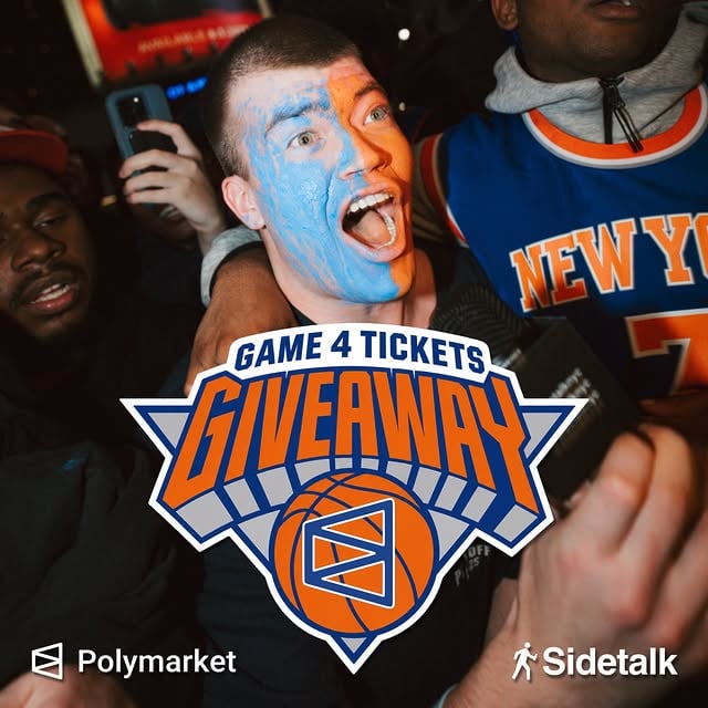 GAME 4 TICKETS GIVEAWAY WITH @polymarket 🏆

To enter:

1️⃣ Download Polymarket on the App Store
2️⃣ Use code: SIDETALK when you sign up
3️⃣ Make a qualifying deposit of $20 to get a $50 bonus credit. New users only

WINNER WILL BE RANDOMLY SELECTED + ANNOUNCED JUNE 9

No purch. or deposit nec. Open to legal residents of 49 U.S. states (excl. Nevada) & D.C., age of majority+.Purch./deposit won’t increase chances of winning. Void where prohibited. 6/5/26–6/9/26. Prize: 2 digital/mobile tickets (winner + guest) to NBA Finals Game 4 at MSG; ARV: $30,000. Rules & free entry: polymarketexchange.com/sidetalk Sponsor: Blockratize Inc. d/b/a Polymarket. 

This Sweepstakes is not sponsored, endorsed, administered by, or associated with Instagram, the NBA, any NBA team, NBA Properties Inc., Madison Square Garden, MSG Sports & Entertainment. #ad