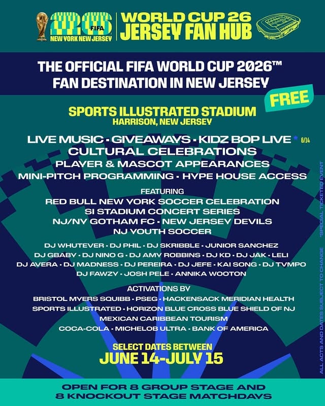 Watch live FIFA World Cup™ match broadcasts inside a professional soccer stadium at the Official Jersey Fan Hub - for FREE!Big screens, stadium energy, fellow fans from around the world, and unforgettable moments all summer long. Join us for eight Group Stage dates from June 14–26 and eight Knockout Round dates from July 1–15. ⚽️Free tickets available NOW for non-special event days. Reserve your spot now. 🎟️: sportsillustratedstadium.com__________________Disfruta partidos EN VIVO de la Copa Mundial de la FIFA™ dentro de un estadio profesional de fútbol en el Fan Hub Oficial de Nueva Jersey, ¡GRATIS! 🏟️🙌Pantallas gigantes, la energía única de un estadio, aficionados de todo el mundo y momentos inolvidables durante todo el verano.Acompáñanos en ocho fechas de la Fase de Grupos del 14 al 26 de junio y en ocho fechas de la Fase Eliminatoria del 1 al 15 de julio.Reserva tu lugar hoy mismo. Las entradas gratuitas ya están disponibles para los días sin eventos especiales.🎟️: sportsillustratedstadium.com#FIFAWorldCup #WeAreNYNJ SomosNYNJ by @gothamfc