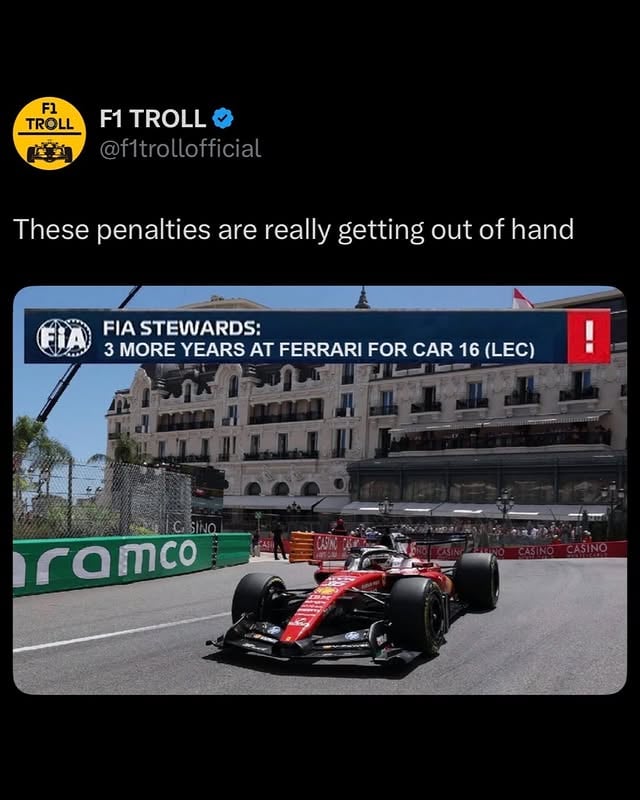 Another 3 years of this 😬

via formuladank 
—————
The 2026 Monaco Grand Prix concluded with Mercedes teenage sensation Andrea Kimi Antonelli securing a brilliant, chaotic victory from pole position. The race, marked by track surface break-up at the final corner and a late red flag, saw Antonelli outlast two safety cars to take his fifth consecutive win of the 2026 season. Ferrari’s Lewis Hamilton claimed second place, while Red Bull’s Isack Hadjar inherited a breakthrough first podium in third after Pierre Gasly was demoted by multiple pit lane speeding penalties. High-profile retirements plagued the afternoon, with local favorite Charles Leclerc and Aston Martin’s Lance Stroll both crashing out at the damaged final corner, while Max Verstappen retired on the opening lap due to a mechanical failure

#formula1 #f1memes #charlesleclerc #monacogp #racing