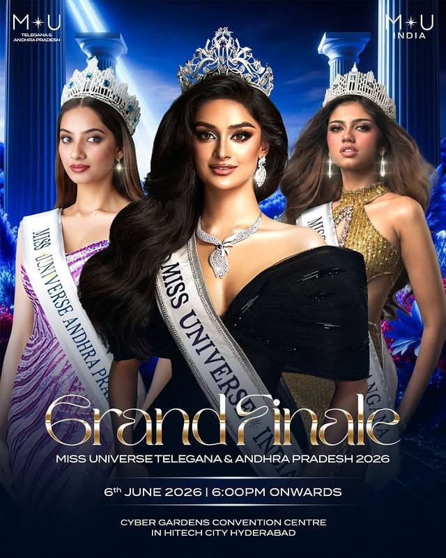 The stage is set. The crowns await their next queens. ✨Join us for the Grand Finale of Miss Universe Telangana & Andhra Pradesh 2026 as beauty, purpose, confidence, and ambition come together for an unforgettable evening. 👑📅 6th June 2026⏰ 6:00 PM onwards📍 Cyber Gardens Convention Centre, HITEC City, HyderabadWitness the journey, celebrate excellence, and cheer for the women who are ready to represent their states on the road to Miss Universe India. 🇮🇳✨#MissUniverseAndhraPradesh2026 #GrandFinale #MissUniverseIndia #RoadToMissUniverseIndia #MissUniverseTelangana2026 by @glamanandsupermodelindia