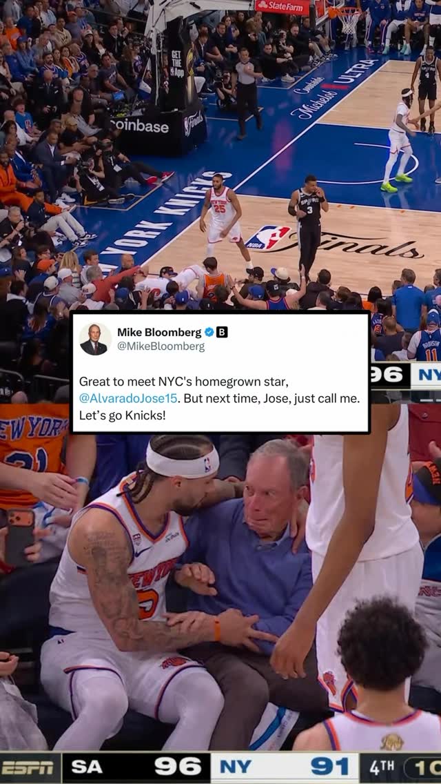Former NYC Mayor Mike Bloomberg responds to Jose Alvarado diving into him on a loose ball 😅

#knicks #nbafinals #basketball #nba