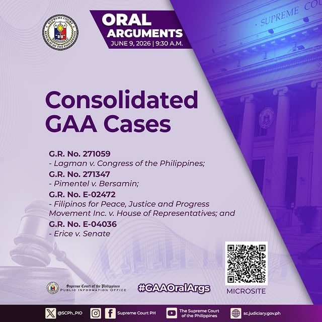 The #SupremeCourtPH will continue its oral arguments tomorrow, June 9, 2026, at 9:30 a.m., on the consolidated cases of:•G.R. No. 271059 (Lagman v. Congress of the Philippines);•G.R. No. 271347 (Pimentel v. Bersamin);•G.R. No. E-02472 (Filipinos for Peace, Justice and Progress Movement Inc. v. House of Representatives); and•G.R. No. E-04036 (Erice v. Senate)Listen to the live audio stream:YouTube: https://youtube.com/live/VpshExMLKhY?feature=shareFacebook: https://www.facebook.com/share/1S7MPLUDQR/#GAAOralArgs by @supremecourtph