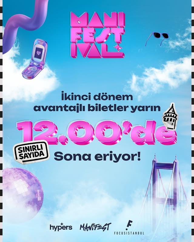 İstanbul Manifestival ikinci dönem avantajlı biletler için son 24 saat! 🌟Yarın 12.00’de sona erecek SINIRLI sayıdaki İNDİRİMLİ biletler, şimdi iTicket, Biletspace ve Biletix’de satışta.😍🎉Biletler tükenmeden sen de yerini al. Link bio’da. 🎟️✨#manifestival #istanbul #reklam by @m6nifestival