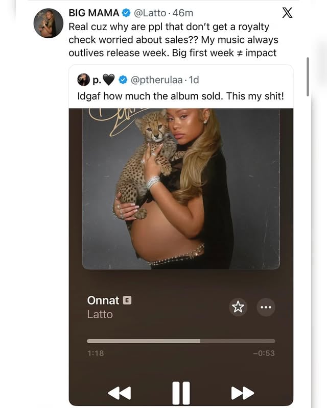 Latto reposted a fan who was streaming Big Mama track “Onnat,” and said the song was her “shit” no matter “how much the album sold.”