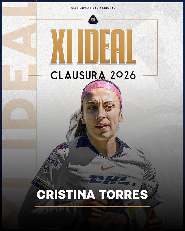 🐾 Cristina Torres fue incluida en el XI Ideal del Clausura 2026. Consolidándose en el segundo lugar de 1vs1 ofensivos exitosos del torneo. 🔝⚡️⚽️ ¡Muchas felicidades, @cristina.torres11! 👏🥳#UnidosPorLaHistoria by @pumasmxfemenil