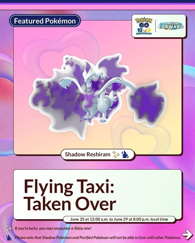 Look out for those flames! Trainers, rescue Shadow Reshiram during Flying Taxi: Taken Over in #PokemonGO!
 
June 25 at 12:00 a.m. to June 29 at 8:00 p.m. local time.