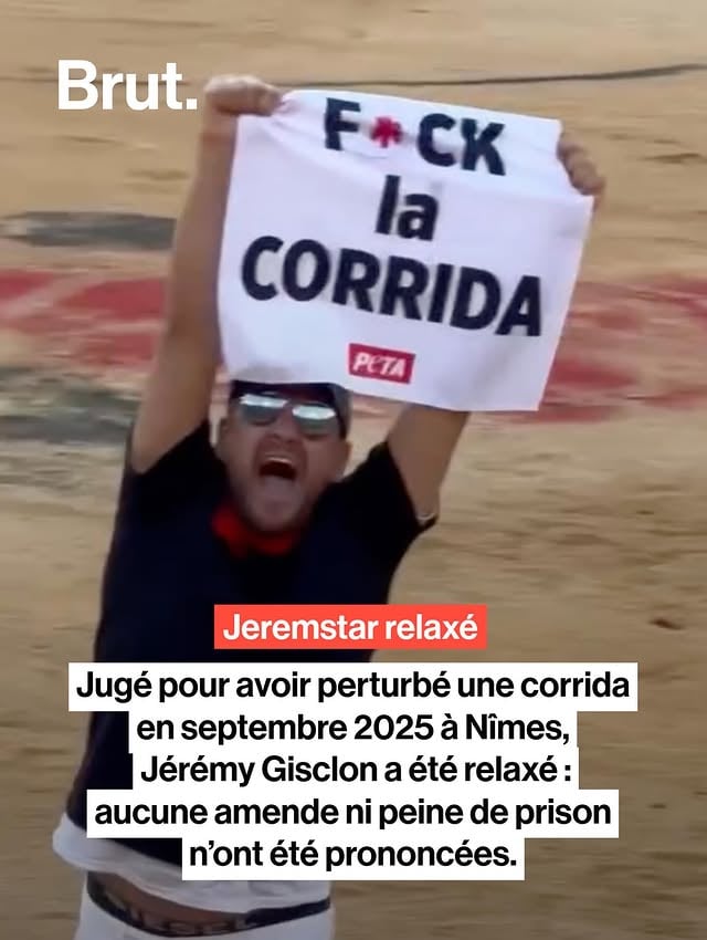 L’influenceur avait fait irruption dans l’arène avec deux autres militants en brandissant une pancarte “F*CK la corrida” avant d’être expulsé par la sécurité. 

L’organisateur du spectacle taurin, la société Casas & Co, avait porté plainte dans cette affaire. Jeremstar et ses accompagnants encouraient jusqu’à un an de prison et 15 000 euros d’amende pour avoir troublé le déroulement de la compétition. 

📸 @peta_france